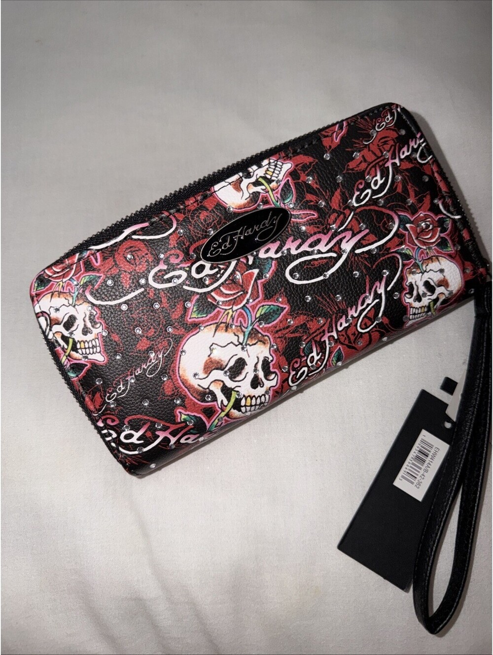 NWT Ed Hardy Large Zip Around Wristlet - Black With Skulls & Red Roses